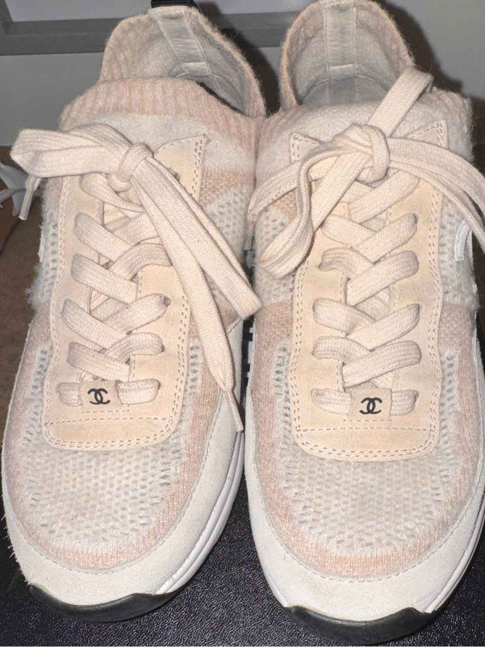 Chanel Knit Fabric Suede Calfskin Womens CC Sneakers - Picture 2 of 6